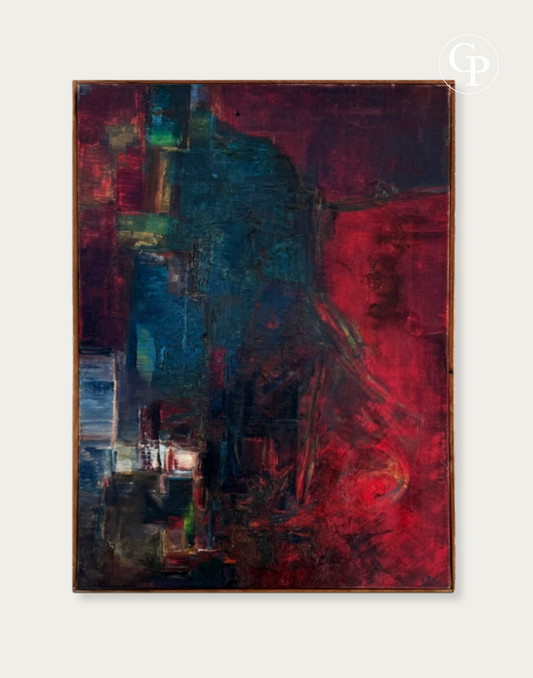 Silvin Bronkart, Connivence, 1961 - Huile sur toile abstraite aux nuances de bleu, vert et rouge intense dans son cadre d'origine | Silvin Bronkart, Connivence, 1961 - Abstract oil on canvas featuring deep blue, green, and vibrant red tones in original wooden frame