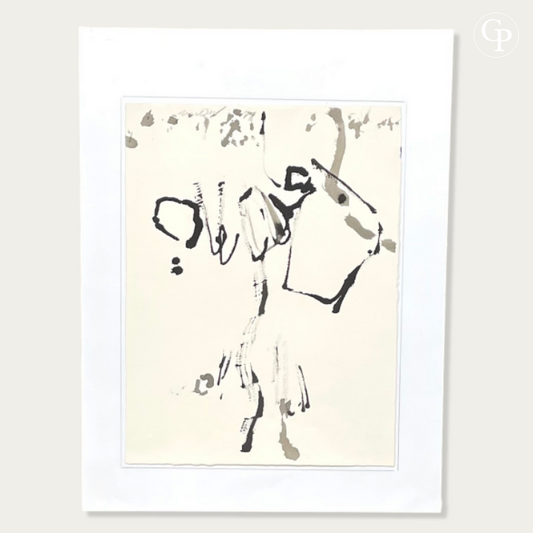 Encre originale abstraite sur papier Arches de Hanna Ben-Dov, circa 1960, École de Paris. Composition épurée noire et grise avec support d'atelier d'origine et liseré fait main. | Original abstract ink on Arches paper by Hanna Ben-Dov, circa 1960, School of Paris. Minimalist black and grey composition with original studio backing and hand-drawn border.