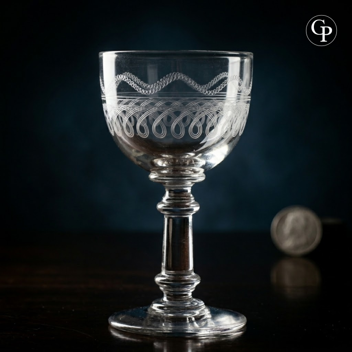 Vue de profil d'un verre à vin en cristal Val Saint Lambert modèle Lothaire gravé main sur fond sombre | Side view of an antique Val Saint Lambert Lothaire hand-engraved crystal wine glass on dark background