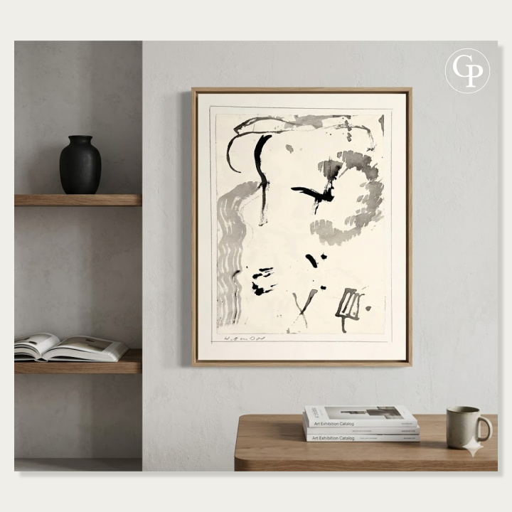 Framed original lyrical abstraction ink and wash painting by Hanna Ben-Dov circa 1960 hanging in a modern minimalist interior with wooden shelves and a console table | Encre et lavis originaux d'abstraction lyrique par Hanna Ben-Dov circa 1960 présentés encadrés dans un intérieur minimaliste moderne avec étagères en bois et console