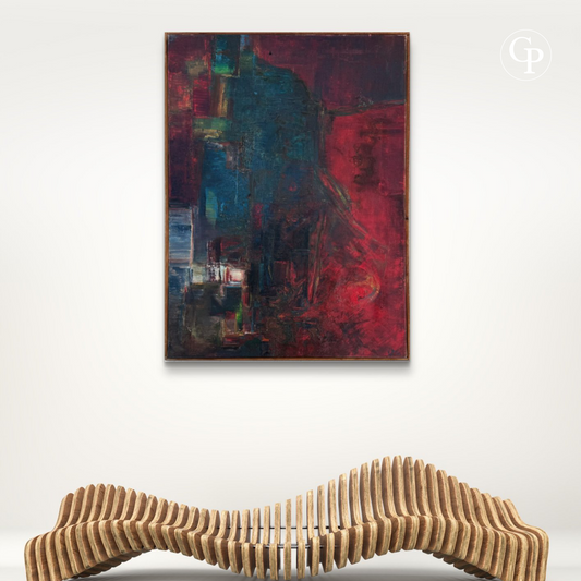 Mise en situation du tableau Connivence (1961) par Silvin Bronkart exposé dans une galerie au style moderne et épuré | In-situ view of Silvin Bronkart oil painting Connivence (1961) displayed in a bright modern minimal gallery
