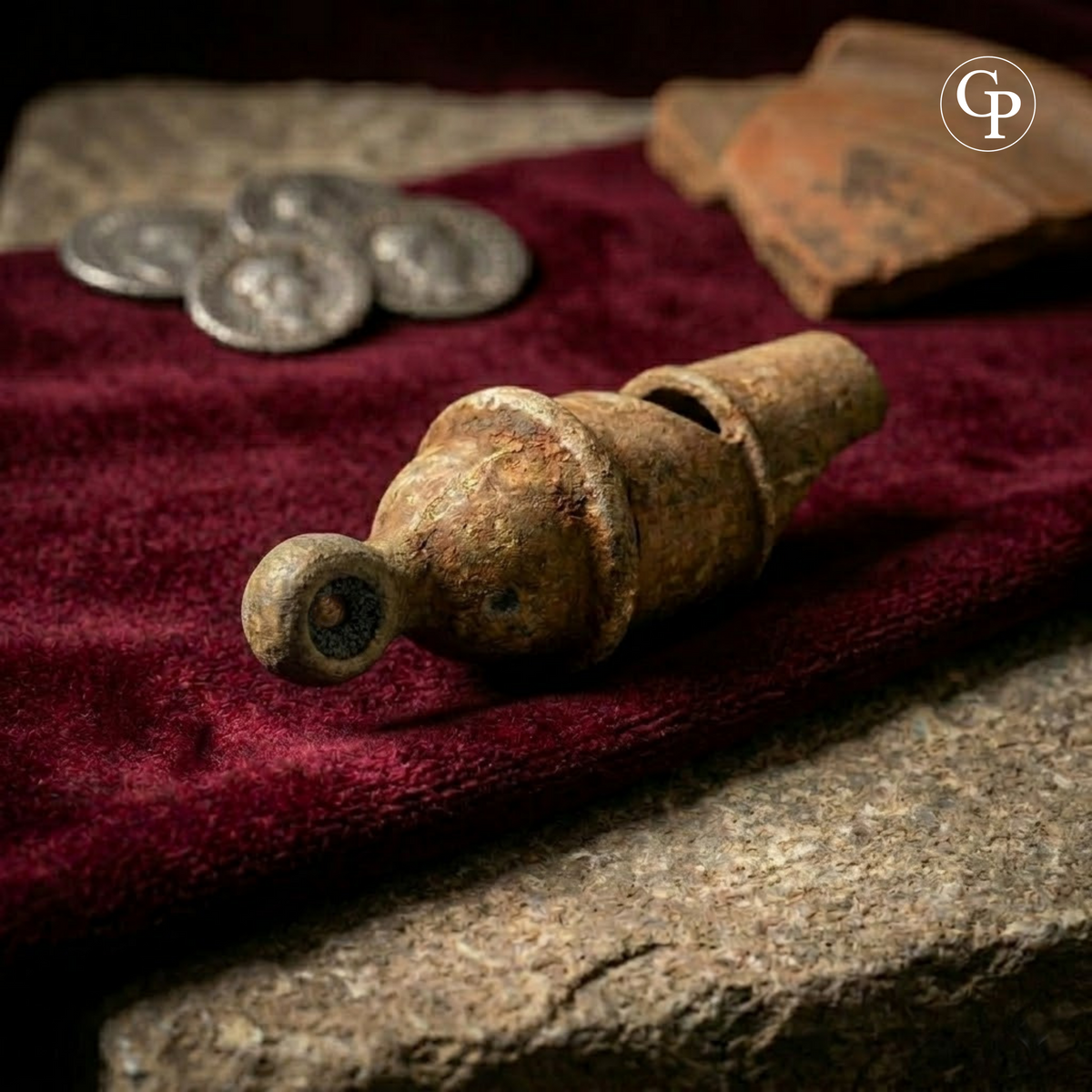 An authentic Ancient Roman lead alloy military whistle (1st-3rd century AD). Features a rare fragment of mineralized leather strap within the suspension loop, a natural excavation patina, and the Galerie Popincourt logo. | Un sifflet militaire romain authentique en alliage de plomb (Ier-IIIe s. ap. J.-C.) Présente un fragment rare de lanière de cuir minéralisé dans l'anneau de suspension, une patine de fouille naturelle