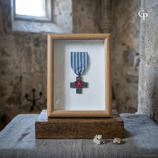 Auschwitz Commemorative Cross – Red Triangle P, original Polish PRL 1985 edition, displayed in a light oak vitrine frame. | Croix commémorative d’Auschwitz Triangle Rouge P, édition originale polonaise 1985, présentée sous cadre vitrine en bois clair.