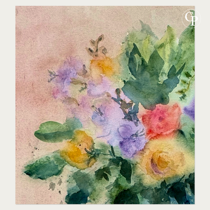Close-up of the left side of Marie-Louise Ogier's watercolor showing yellow and mauve flowers | Détail du côté gauche de l'aquarelle de Marie-Louise Ogier mettant en valeur les fleurs jaunes, mauves et le lavis d'arrière-plan.