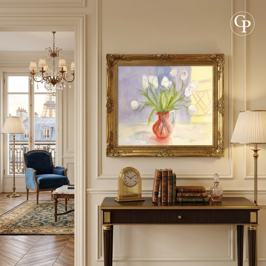 Marie-Louise Ogier floral watercolor framed on a wall in a classic Parisian apartment interior context, Galerie Popincourt.