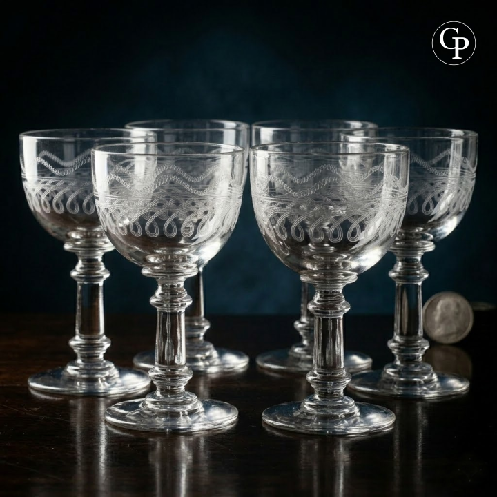 Service complet de 6 verres à vin en cristal soufflé et gravé Val Saint Lambert modèle Lothaire sur fond sombre | Complete set of 6 antique Val Saint Lambert Lothaire engraved crystal wine glasses on dark background