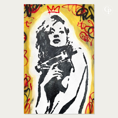 Vue de face complète de la peinture Pop Art XXL Urban Majesty Unleashed par Timo Wedell montrant le portrait au pochoir et les graffitis | Full front view of the XXL Pop Art painting Urban Majesty Unleashed by Timo Wedell featuring stencil portrait and graffiti tags