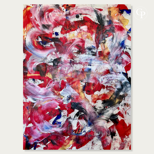 Original red and white abstract painting Sturm und Drang by German artist Timo Wedell with textured details and gold accents | Peinture abstraite originale rouge et blanche Sturm und Drang de l'artiste allemand Timo Wedell avec détails texturés et éclats dorés