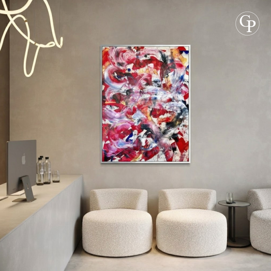 Large modern abstract painting Sturm und Drang by Timo Wedell on a beige wall in a minimalist luxury office lobby or reception area with bouclé armchairs | Grand tableau peinture abstraite moderne Sturm und Drang de Timo Wedell sur un mur beige dans un bureau de direction ou espace professionnel de caractère avec fauteuils en tissu bouclé