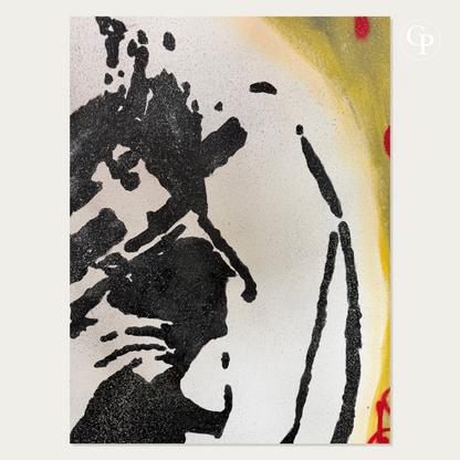 Gros plan sur la matière de la peinture acrylique, les effets de spray et le fond jaune du tableau Pop Art de Timo Wedell | Close-up of acrylic paint texture, spray effects, and yellow halo on Timo Wedell Pop Art painting
