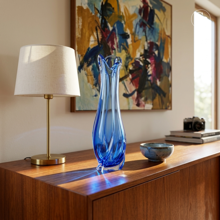 Vase d'art Corail en cristal bleu cobalt de René Delvenne pour Val Saint Lambert projetant des reflets lumineux sur une enfilade en bois vintage à côté d'une lampe | René Delvenne for Val Saint Lambert cobalt blue crystal Corail vase with light reflections on a vintage wood credenza next to a lamp