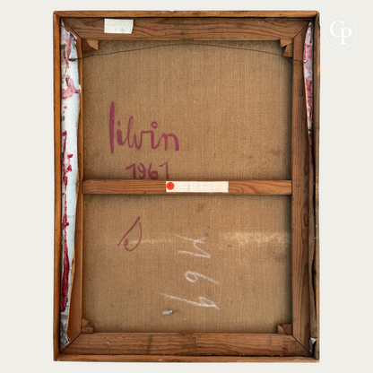 Vue d'ensemble du revers du tableau Connivence (1961) par Silvin Bronkart avec châssis Albert Sauveur d'origine, signature et datation | Full back view of Silvin Bronkart oil painting Connivence (1961) showing original Albert Sauveur wooden stretcher, artist signature, and date