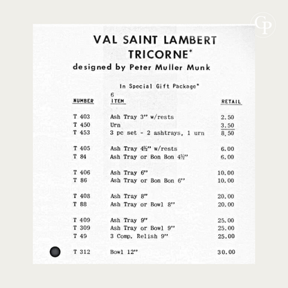 Documents d'archives et catalogue d'époque 1957 de Val Saint Lambert pour Vogue Ceramics Industries, mentionnant le modèle Tricorne T 309 de Peter Muller-Munk. | 1957 original vintage catalog and price list archive from Val Saint Lambert for Vogue Ceramics Industries, showing Peter Muller-Munk Tricorne T 309 model reference.