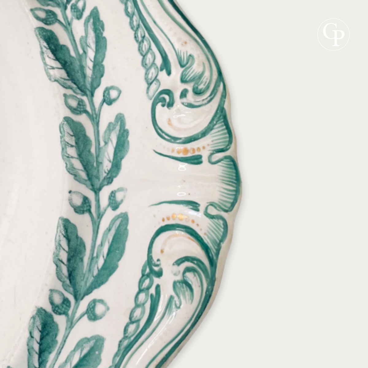handle view of the Copeland Ironstone serving dish showing the original Dutch label mentioning the shipwreck of HMS Flora at Terschelling and the small period chip on the foot rim.