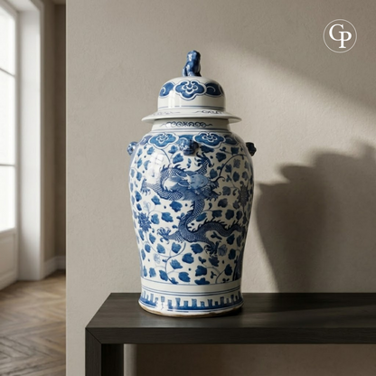 Grand vase couvert balustre en porcelaine de Chine bleu et blanc du XIXe siècle décoré de dragons impériaux à 5 griffes et couvercle au Chien de Fo | 19th century Chinese blue and white porcelain baluster covered vase with 5-claw imperial dragons and Foo dog finial