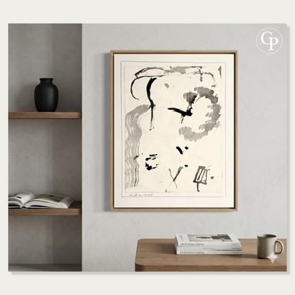 Framed original lyrical abstraction ink and wash painting by Hanna Ben-Dov circa 1960 hanging in a modern minimalist interior with wooden shelves and a console table | Encre et lavis originaux d'abstraction lyrique par Hanna Ben-Dov circa 1960 présentés encadrés dans un intérieur minimaliste moderne avec étagères en bois et console