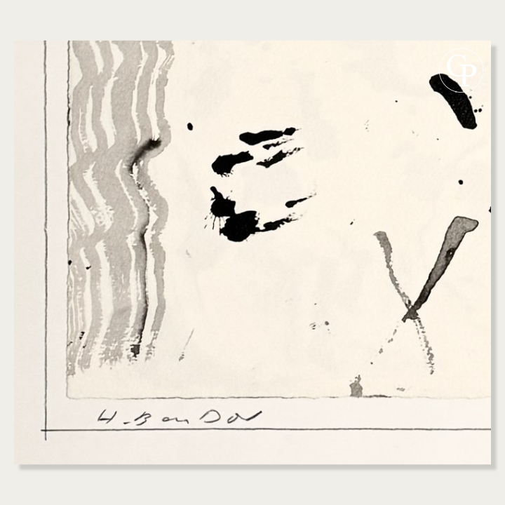 Macro close-up detail showing the hand-written pencil signature H. Ben Dov on the lower left corner of the original ink painting with Galerie Popincourt logo | Gros plan détaillé mettant en valeur la signature originale au crayon H. Ben Dov dans le coin inférieur gauche de l'œuvre à l'encre avec logo Galerie Popincourt