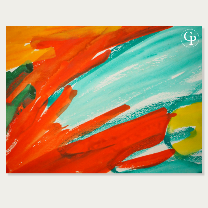 Close-up of Jeanne Modigliani original lyrical abstraction painting, bright red, turquoise and yellow gouache on paper with hand signature on the bottom right | Gros plan sur l'œuvre originale en abstraction lyrique de Jeanne Modigliani, gouache sur papier aux pigments vifs rouge, turquoise et jaune avec signature manuelle en bas à droite