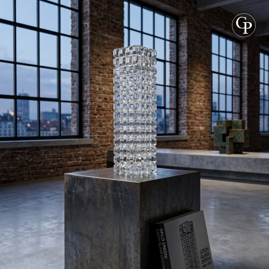 Brutalist clear pressed glass monolith vase by Rudolf Jurnikl for Sklo Union 1963 on a metallic plinth in an industrial loft showroom, 27cm | Vase monolithique brutaliste en verre pressé transparent par Rudolf Jurnikl pour Sklo Union 1963 sur une stèle métallique dans un showroom style loft industriel, 27cm