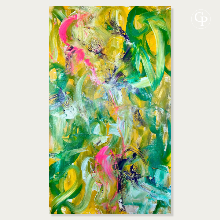 Front view of Timo Wedell abstract expressionist painting Tropische Pflanzen XXL, vibrant green, neon pink and gold large canvas artwork | Vue de face du tableau expressionnisme abstrait Tropische Pflanzen XXL de Timo Wedell, grande œuvre originale verte et rose sur toile de lin
